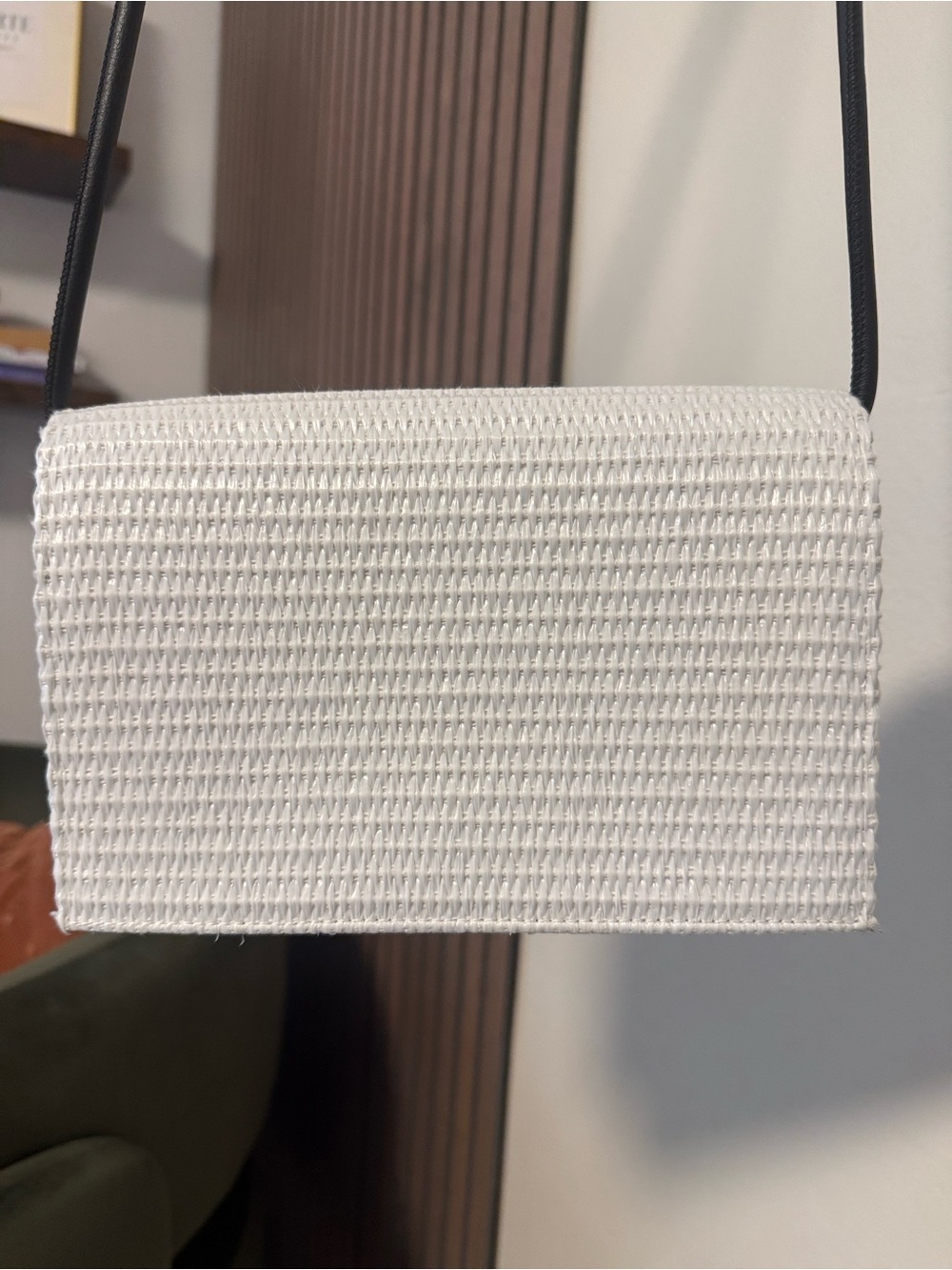 Theory White Woven Crossbody Bag with Black Strap